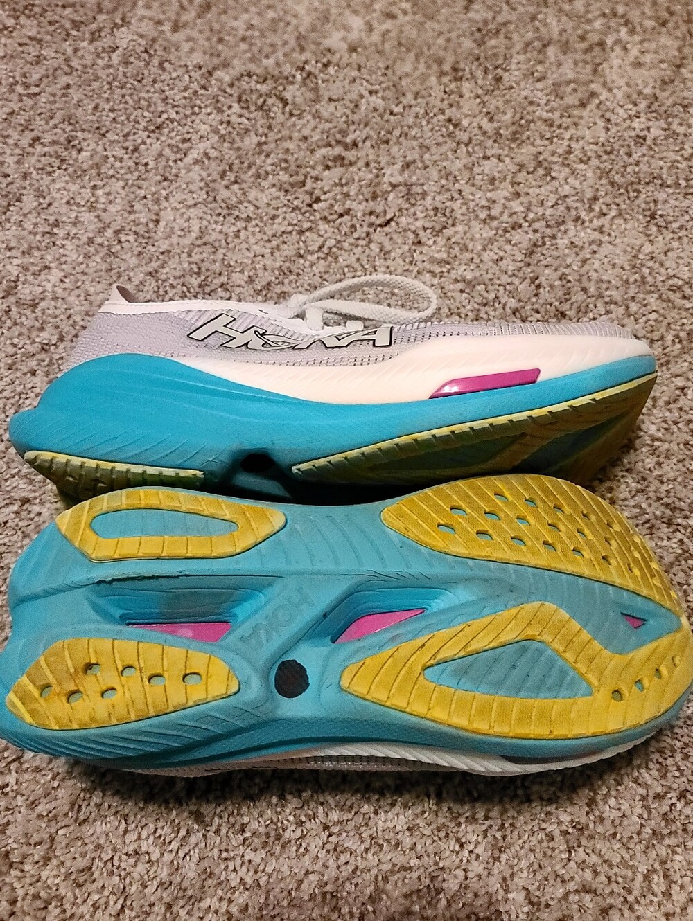 Women's 7B, Hoka Mach X2 White Teal Athletic Running Shoes with Orange - Picture 8 of 10